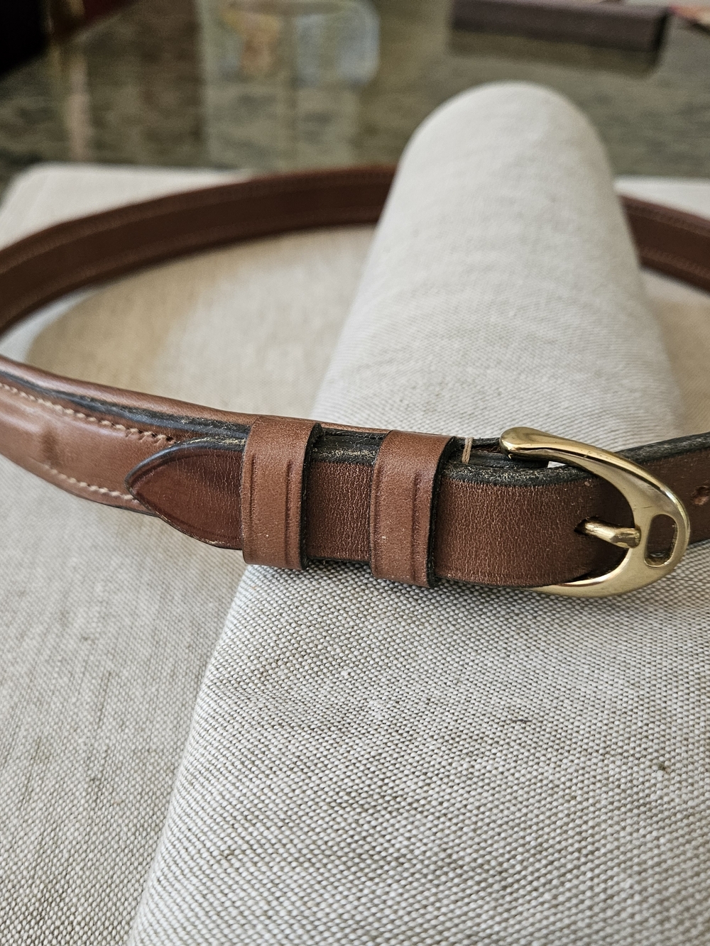 Equestrian Brown Leather Belt with Gold Stirrup Buckle From BEVAL Saddlery